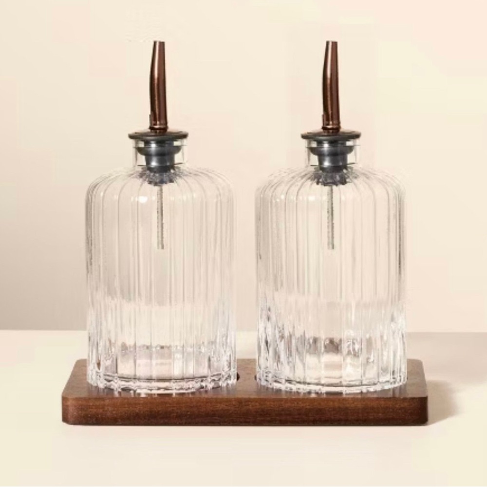 Oil & Vinegar Ribbed Glass Bottle Set with Wood Base - Hearth & Hand™ Magnolia
